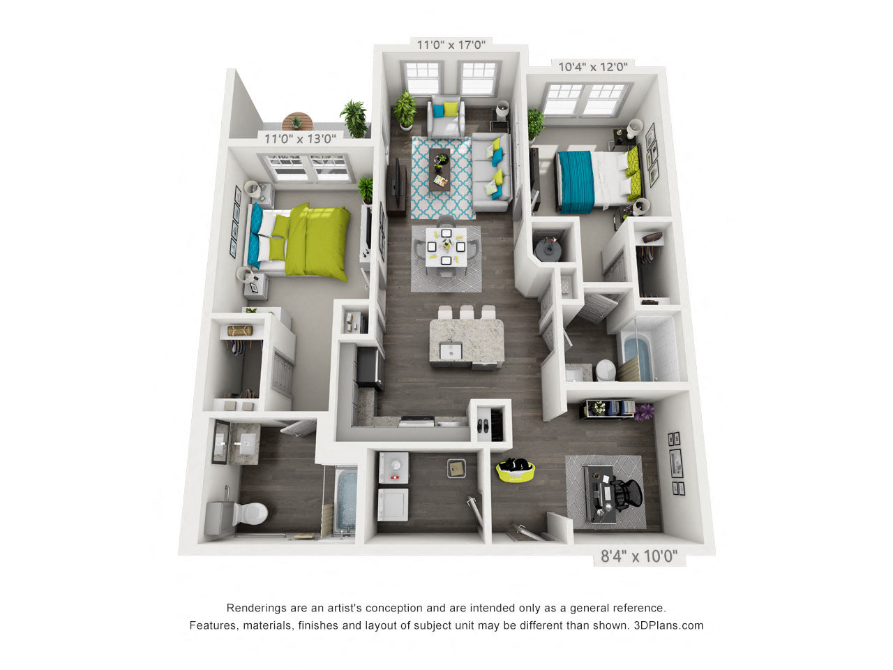 Floor plan for 2 beds, 2 baths, 1205 sqft